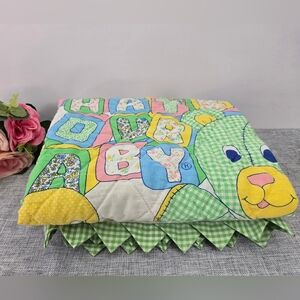 Vintage 1980s Lightweight "That's Our Baby" Bear, Duck & Toys Baby Blanket Quilt